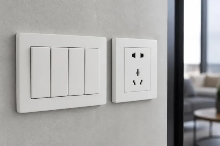 White 4 gang light switch and wall socket on a grey wall