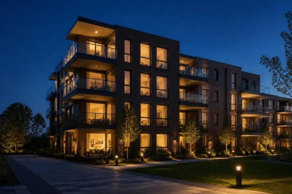 Apartment building with facade and landscape lighting at dusk