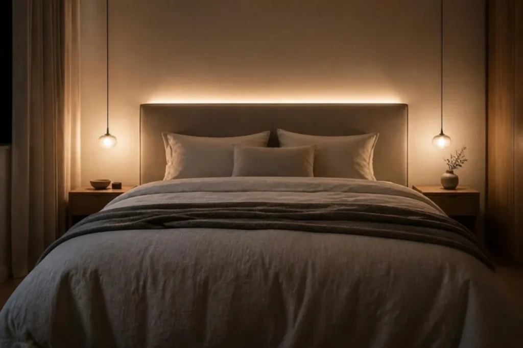 Bedroom with small bedside pendant lights and a backlit headboard