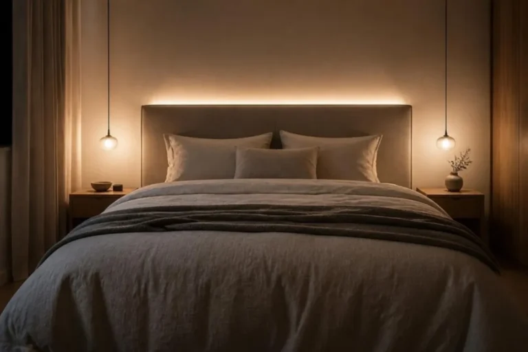 Bedroom with small bedside pendant lights and a backlit headboard