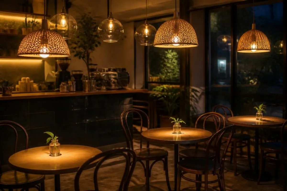 Cafe with woven pendant lights creating warm pools of light on each table
