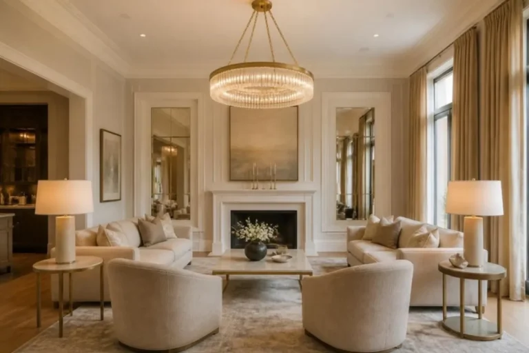 Round crystal chandelier sized for a living room seating area