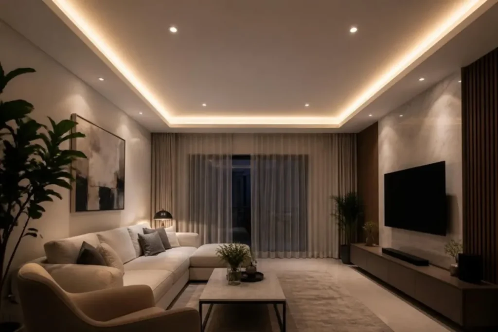 False ceiling with warm LED cove lighting and recessed downlights in a living room