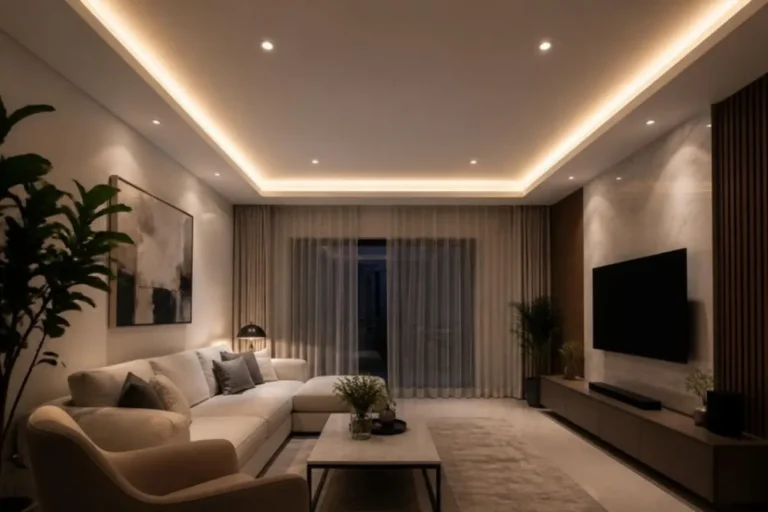 False ceiling with warm LED cove lighting and recessed downlights in a living room