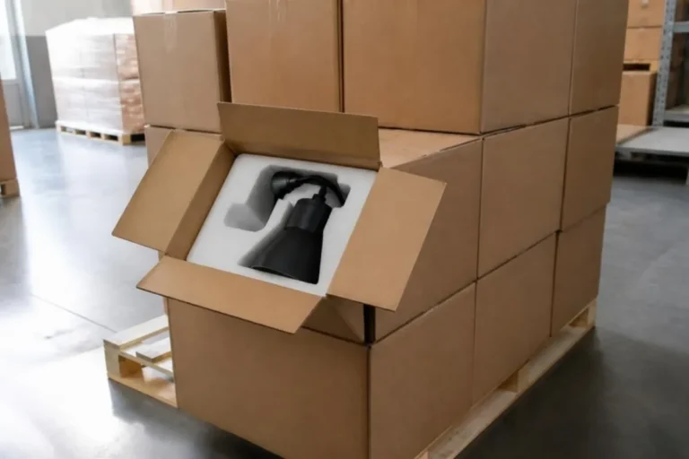 Imported light fixture packed in foam inside shipping cartons on a pallet