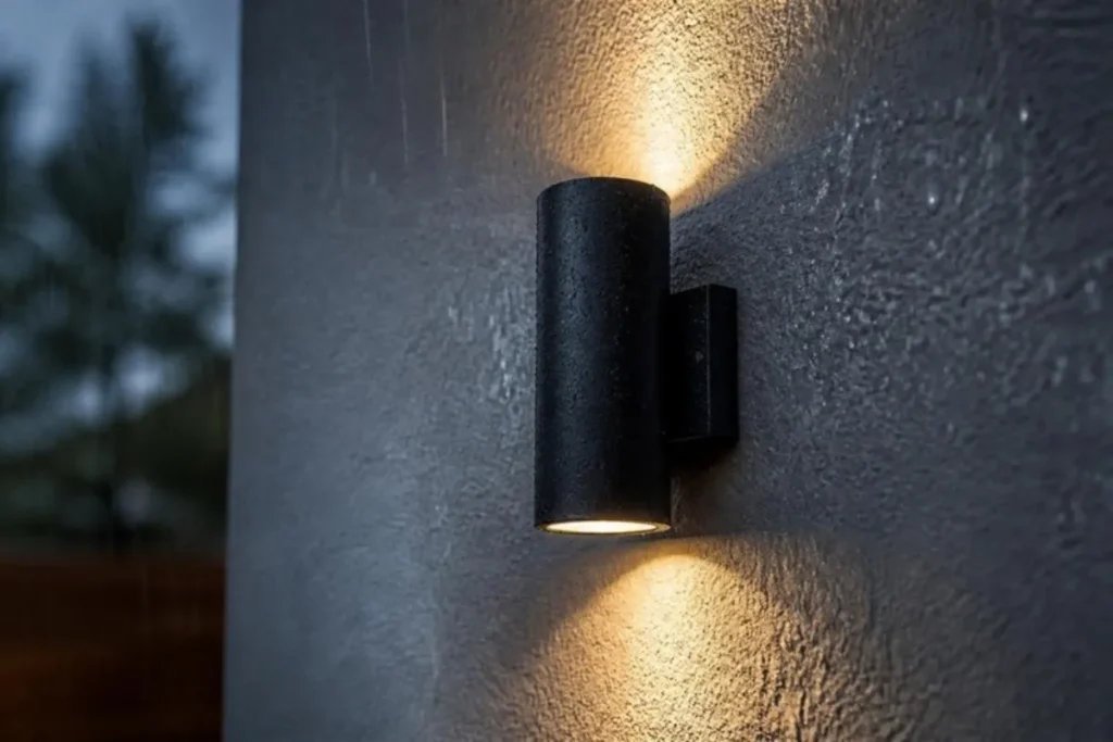 Weatherproof up and down outdoor wall light on a wet wall in the rain