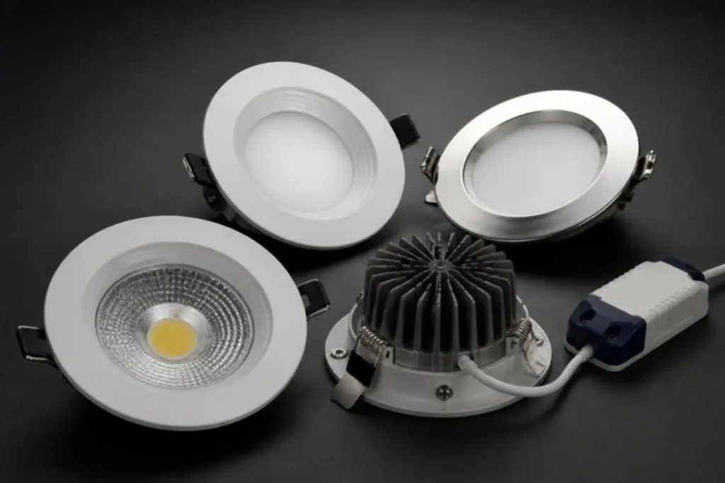LED downlights showing the aluminium heat sink and separate driver