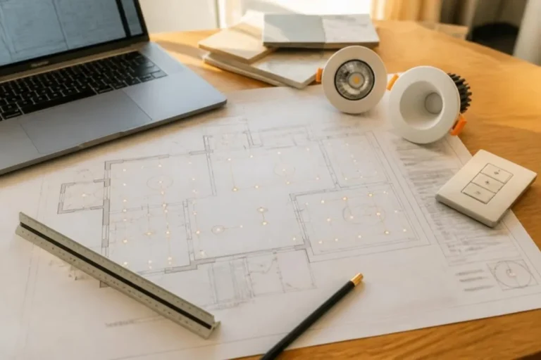 Lighting layout drawing with sample downlights and a switch on a designer desk