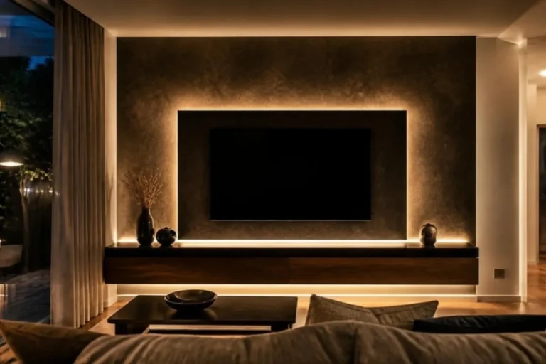 Living room TV wall with warm LED backlighting