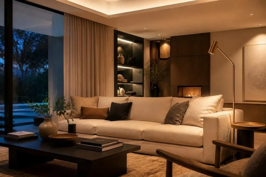 Living room with warm downlights and cove lighting