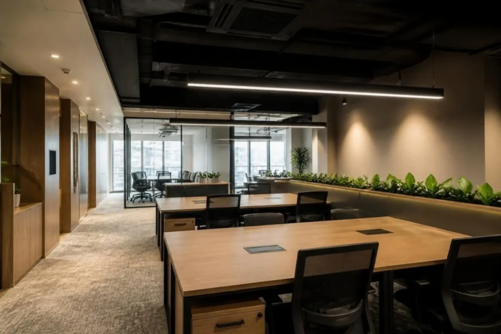 Modern office with linear LED pendant lights