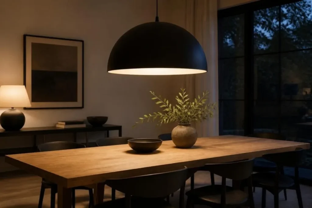 Black dome pendant light hanging over a wooden dining table