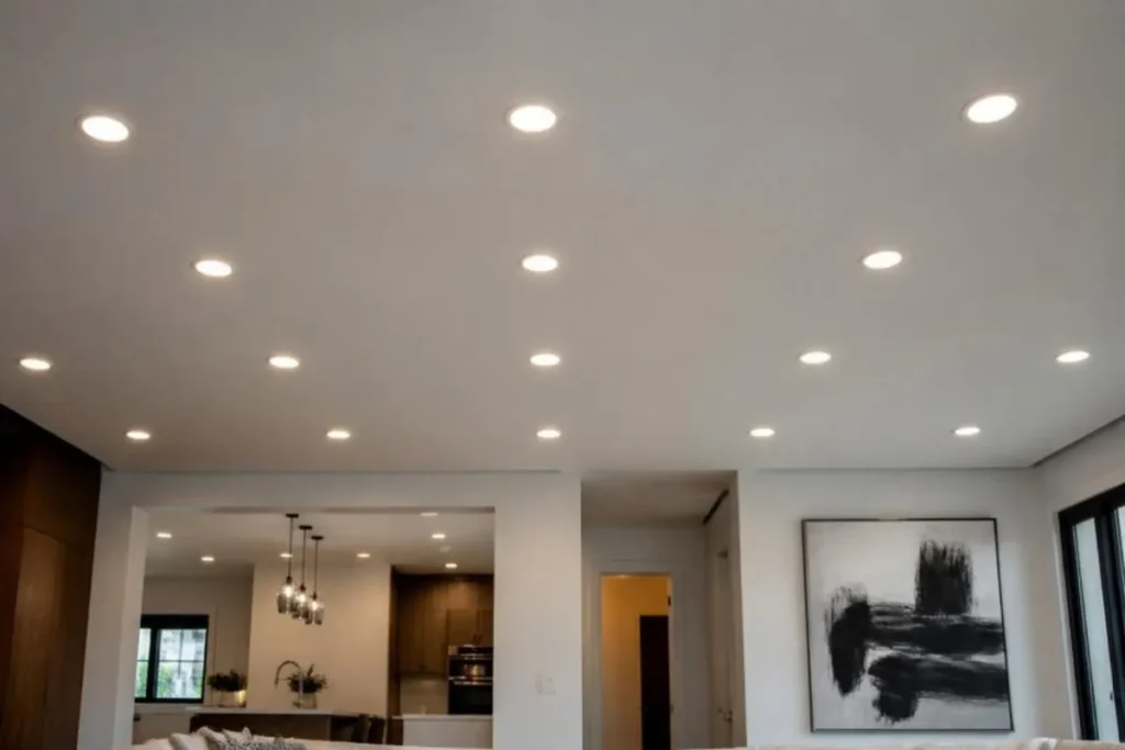 Ceiling with evenly spaced recessed LED downlights