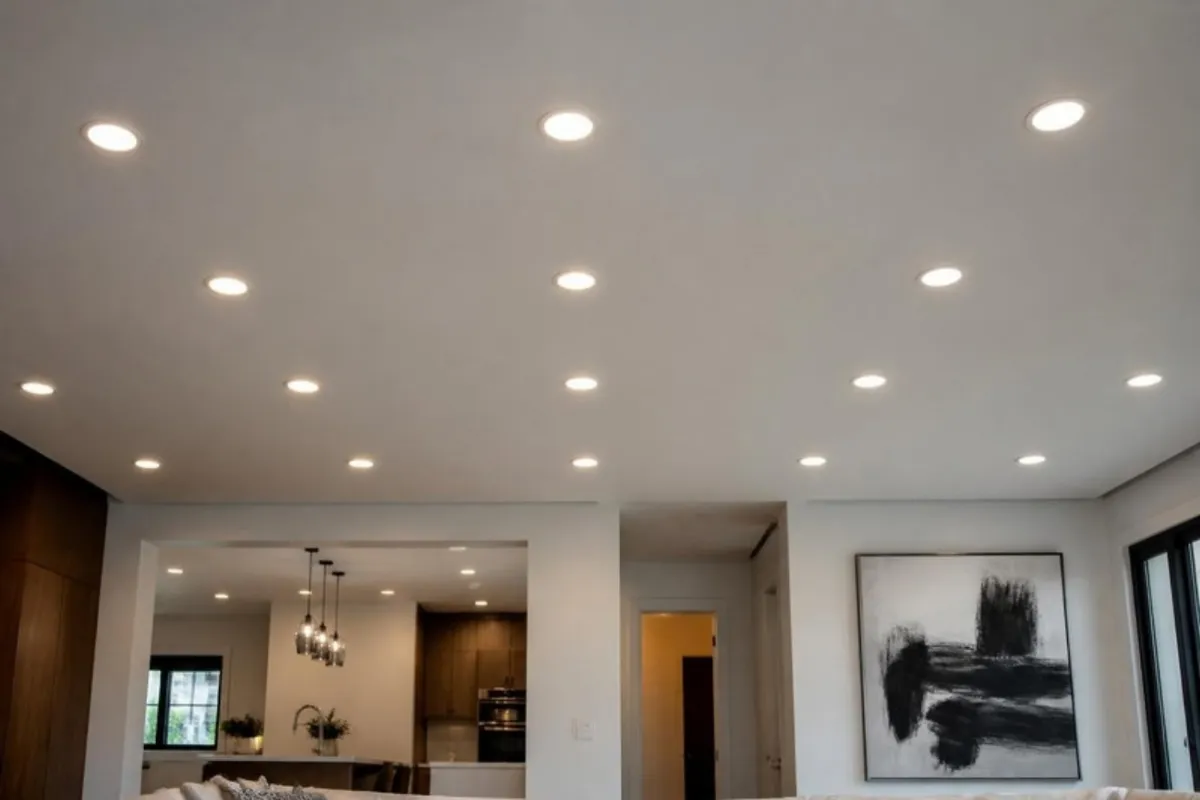 Ceiling with evenly spaced recessed LED downlights