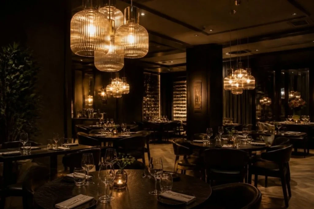 Restaurant with warm glass pendant lights