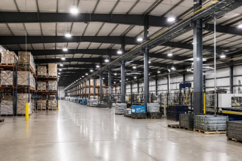 Warehouse interior with LED high-bay lighting