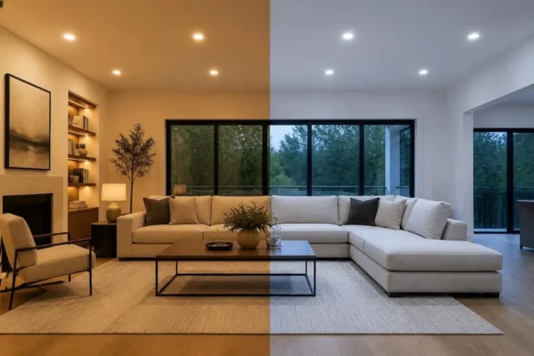 The same living room lit with warm white light on the left and cool white light on the right